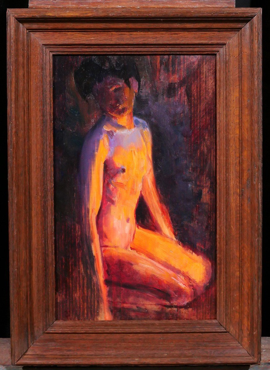 Emile Tremblay 1855-1935 Seated Nude Woman, Mauve And Orange Effect, Painting, Circa 1900-photo-2