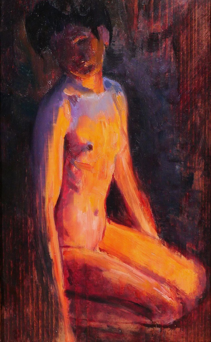 Emile Tremblay 1855-1935 Seated Nude Woman, Mauve And Orange Effect, Painting, Circa 1900