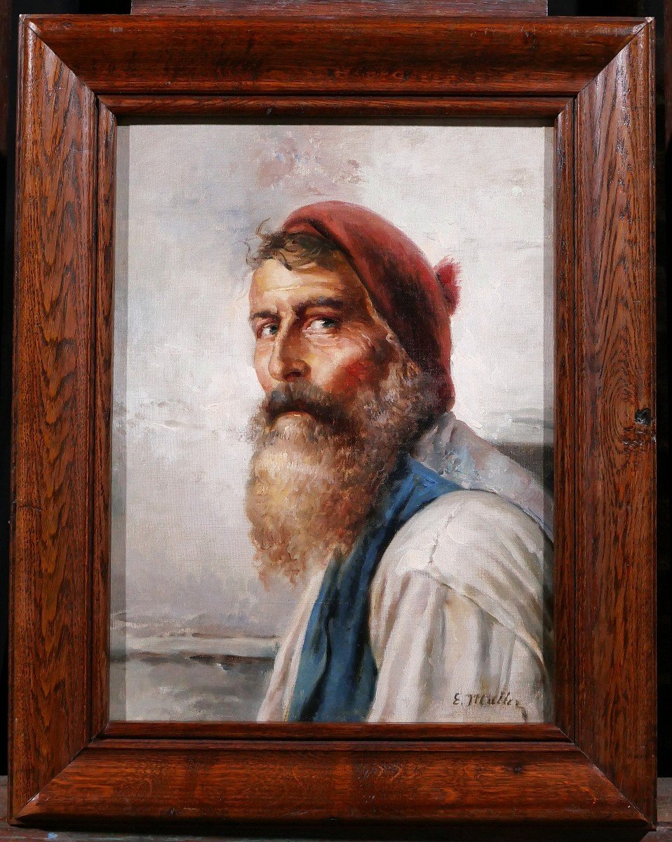 E. Müller 19-20th Portrait Of A Bearded Man, Fisherman, Painting, Circa 1900-photo-2