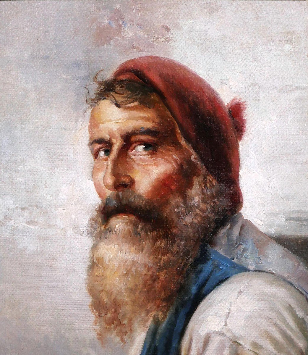 E. Müller 19-20th Portrait Of A Bearded Man, Fisherman, Painting, Circa 1900-photo-3