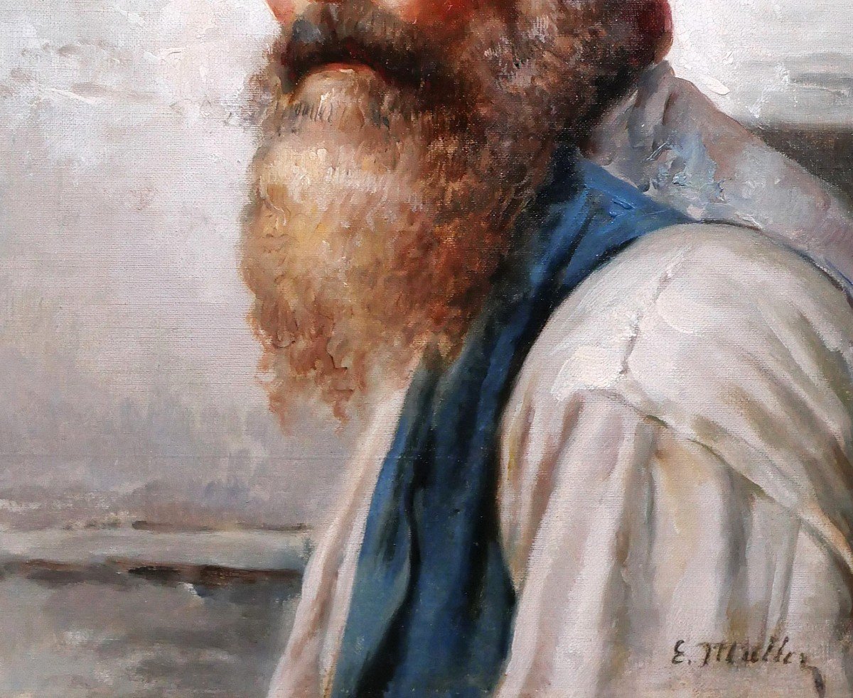 E. Müller 19-20th Portrait Of A Bearded Man, Fisherman, Painting, Circa 1900-photo-4