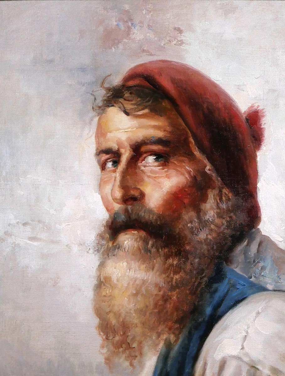 E. Müller 19-20th Portrait Of A Bearded Man, Fisherman, Painting, Circa 1900-photo-1