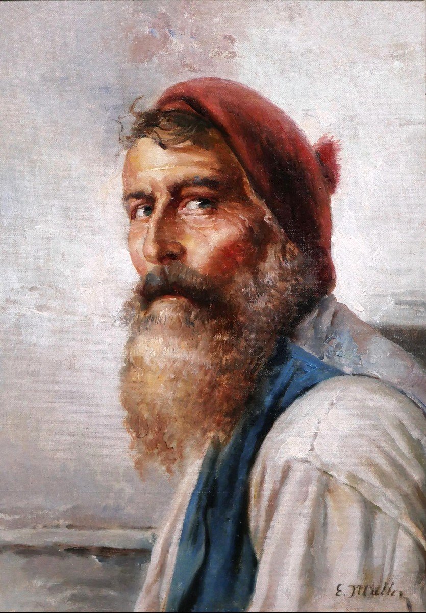 E. Müller 19-20th Portrait Of A Bearded Man, Fisherman, Painting, Circa 1900