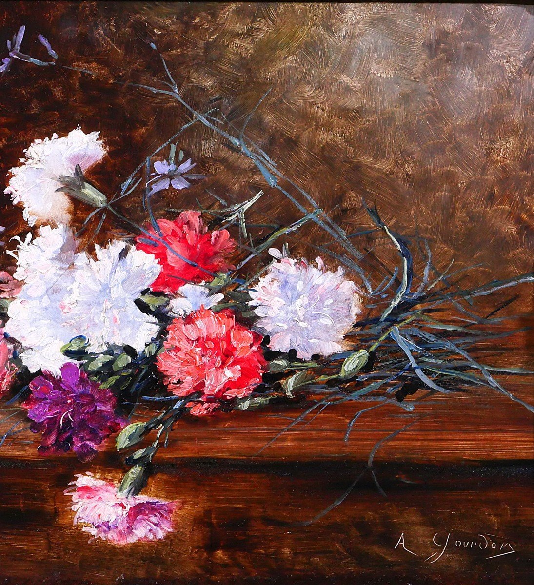 Adrien-raphaël Gourdon, Still Life Of Flowers, Carnations, Painting, Circa 1880-85 Impressionism-photo-4