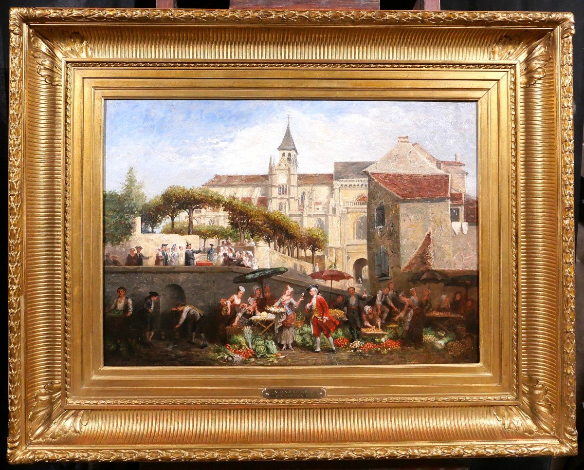 Adolphe François MONFALLET 1815-1900 Triel-sur-Seine (Yvelines), scène de marché, tableau, 1864-photo-2