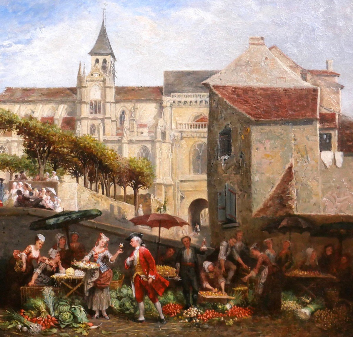 Adolphe François MONFALLET 1815-1900 Triel-sur-Seine (Yvelines), scène de marché, tableau, 1864-photo-1