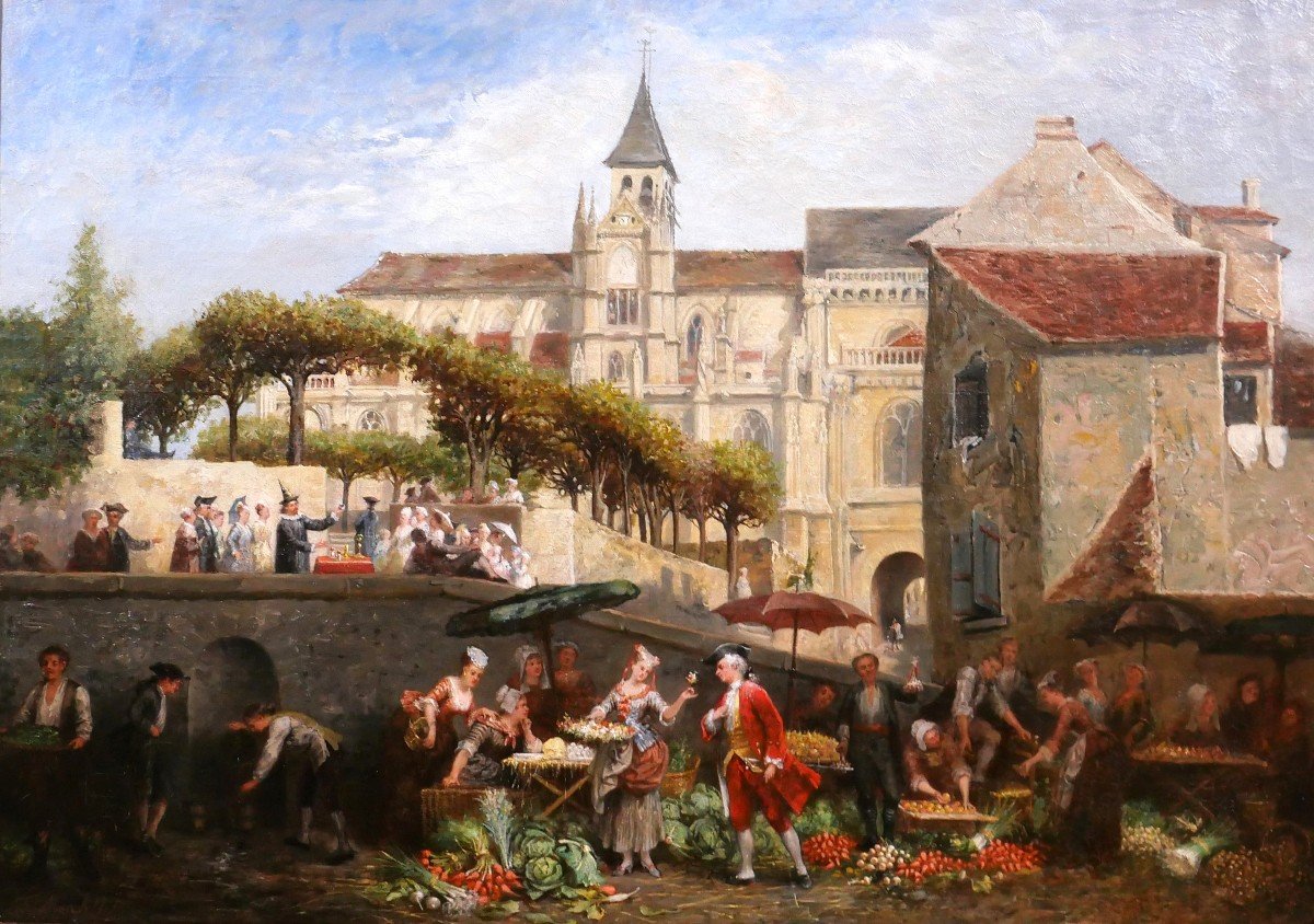 Adolphe François MONFALLET 1815-1900 Triel-sur-Seine (Yvelines), scène de marché, tableau, 1864