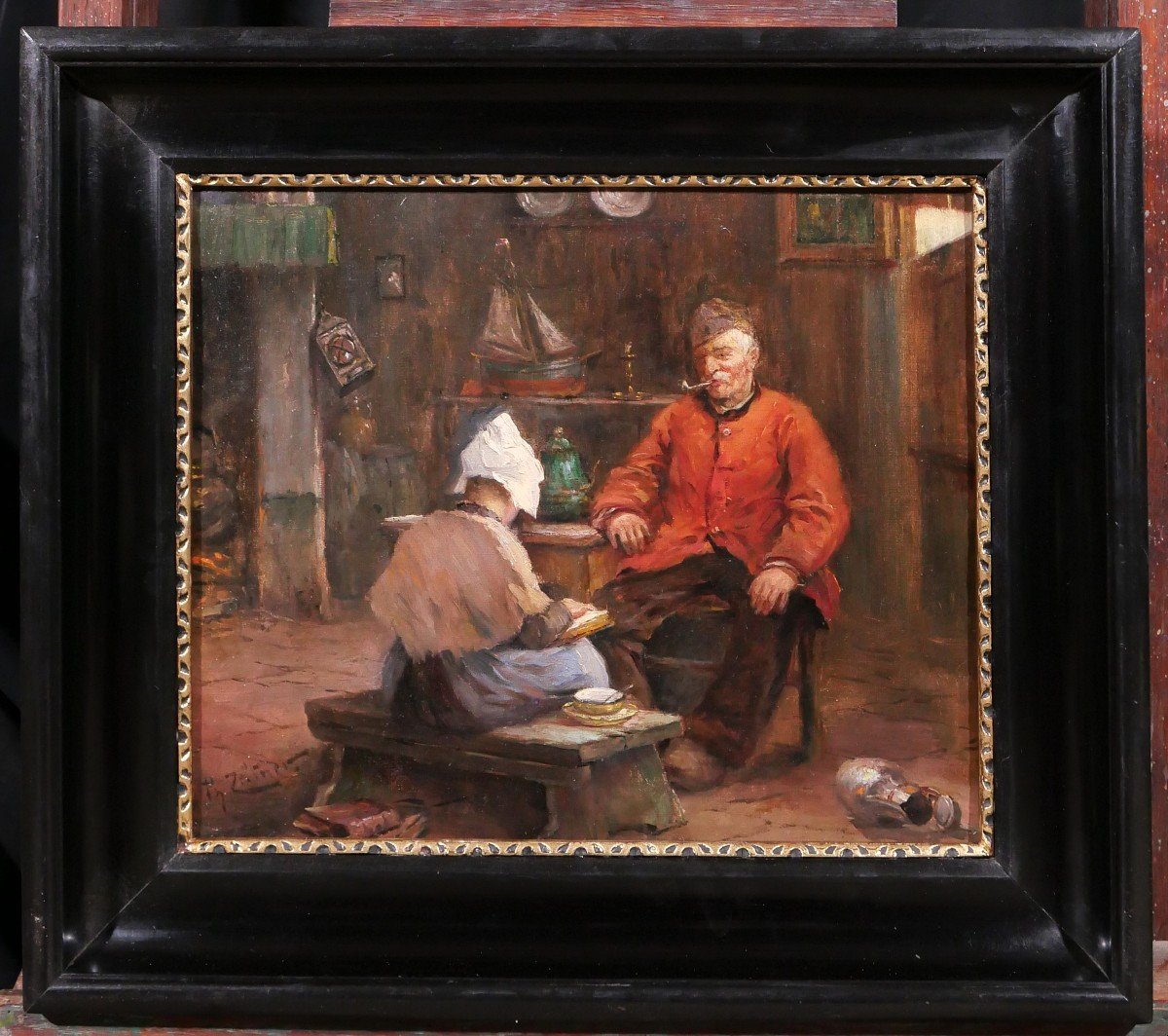 Philipp ZELTNER 1865-1946 Couple dans un intérieur, tableau, vers 1900-photo-2