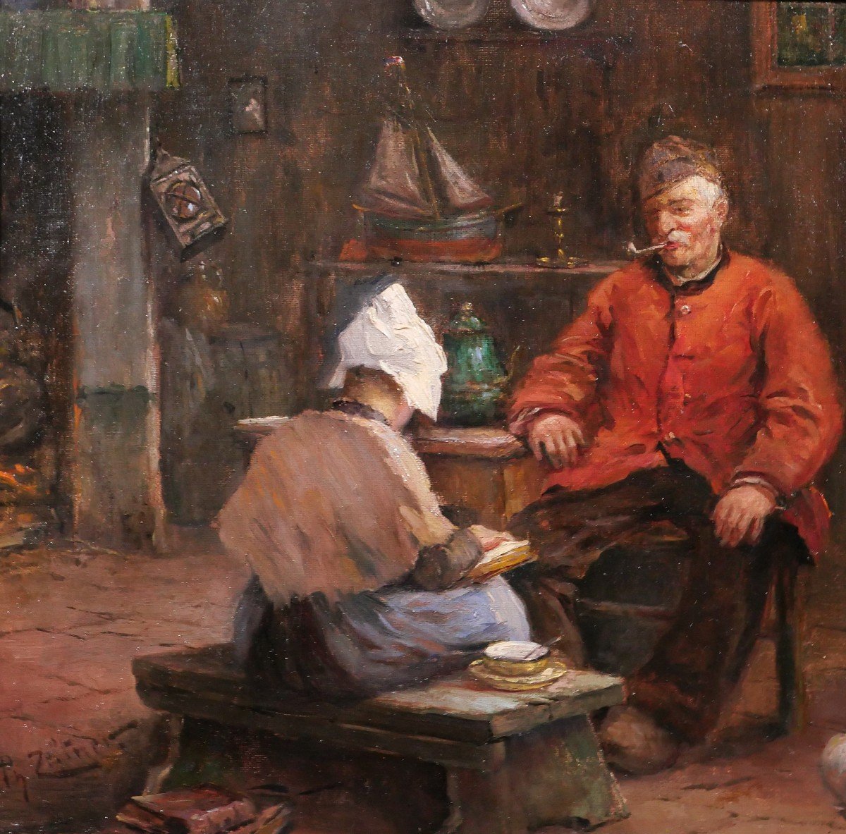 Philipp ZELTNER 1865-1946 Couple dans un intérieur, tableau, vers 1900-photo-3