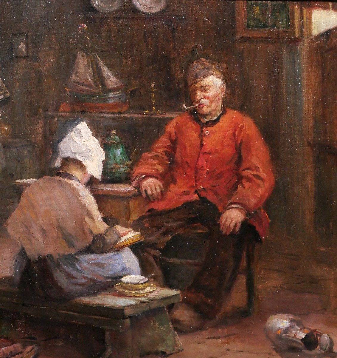 Philipp ZELTNER 1865-1946 Couple dans un intérieur, tableau, vers 1900-photo-4