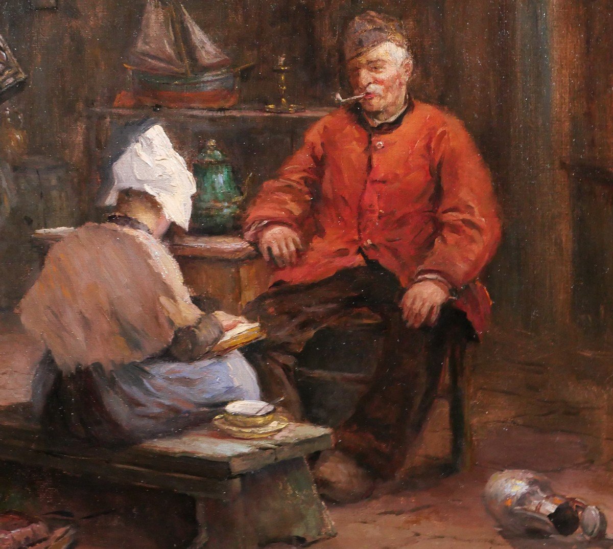 Philipp ZELTNER 1865-1946 Couple dans un intérieur, tableau, vers 1900-photo-3