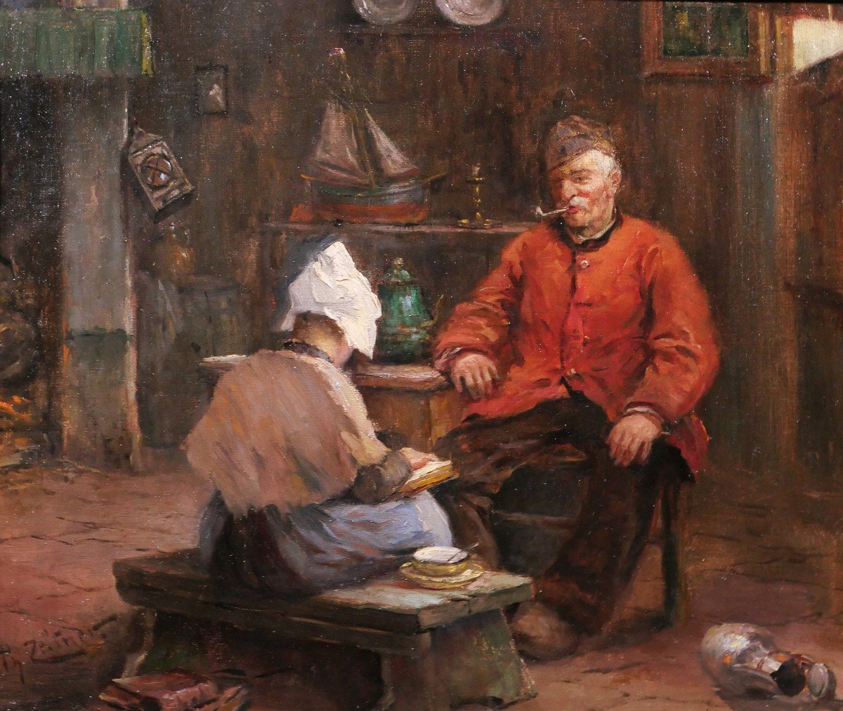 Philipp ZELTNER 1865-1946 Couple dans un intérieur, tableau, vers 1900