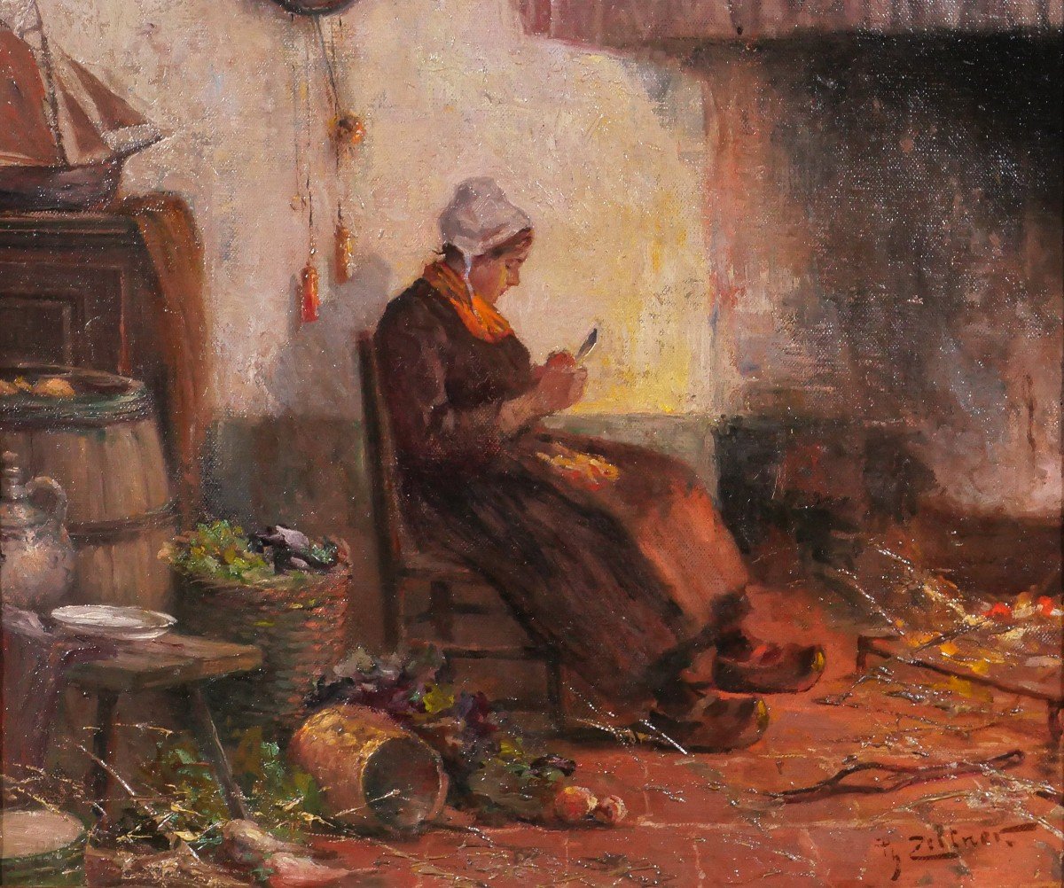 Philipp ZELTNER 1865-1946 Femme dans la cuisine, tableau, vers 1900