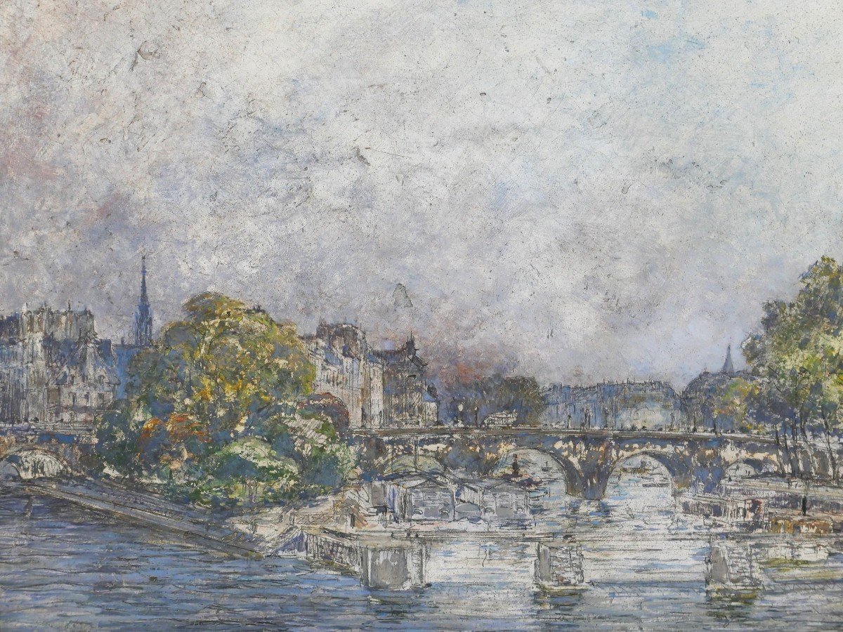 Frédéric Houbron 1851-1908 Paris, The Lock Of The Monnaie, Painting, 1902-photo-1