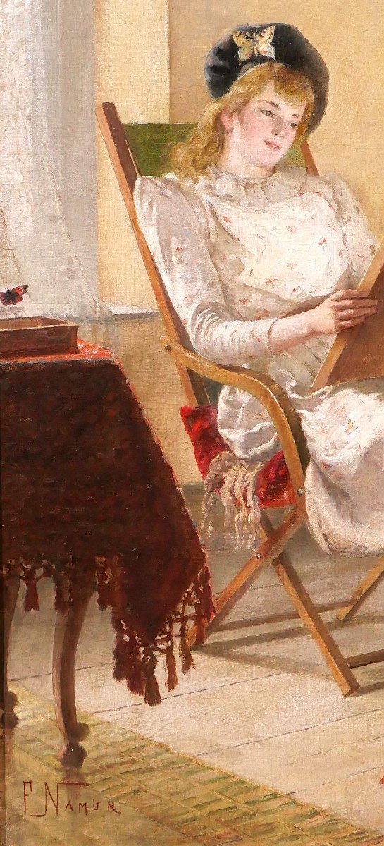 François Namur 1857-1902 Young Woman With Butterflies In An Interior, Painting, Circa 1890-photo-4