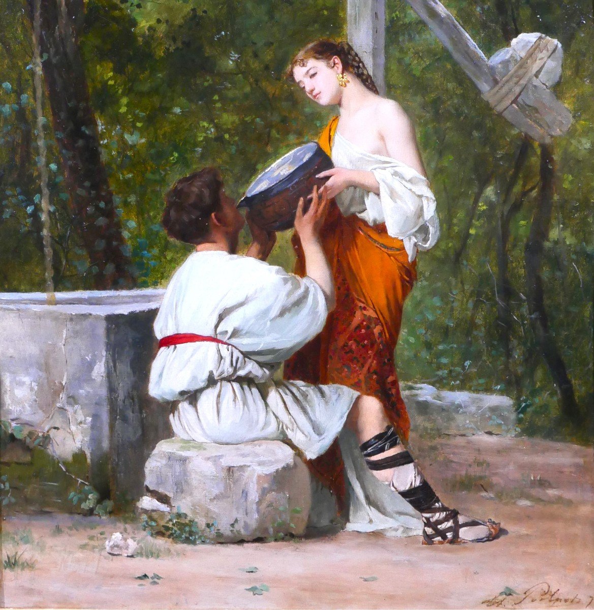 Théophile Poilpot 1848-1915 Greece, Couple At The Fountain, Painting, 1874-photo-4