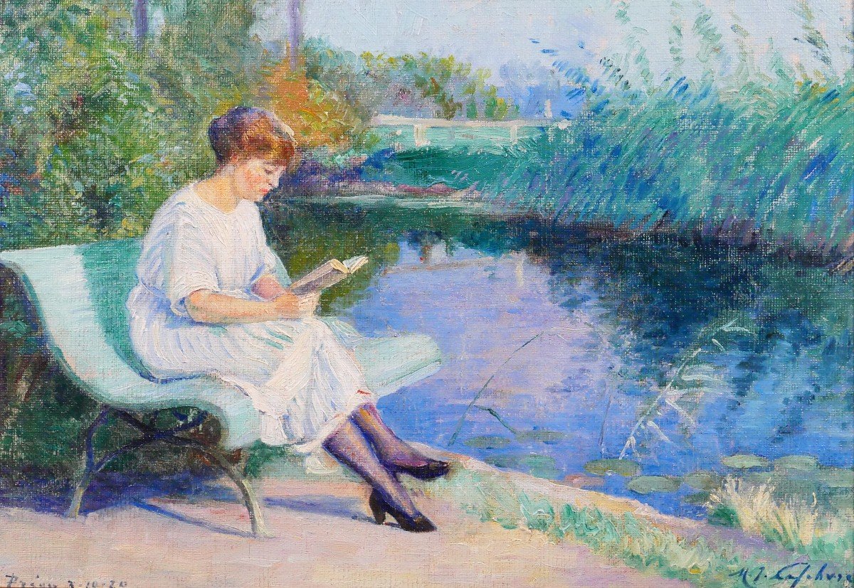 Maurice Jean LEFEBVRE 1873 -1954 Femme lisant dans son jardin, tableau, 1920