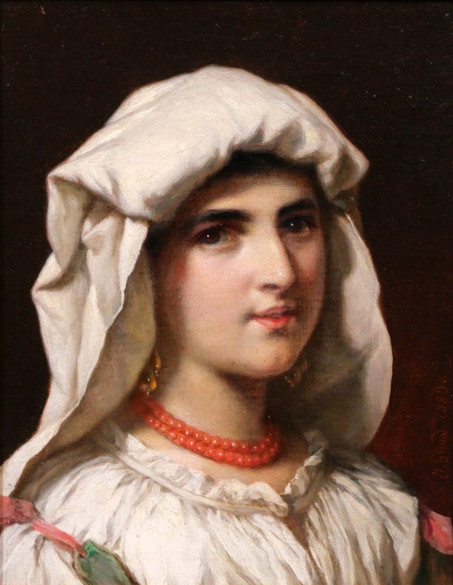 Johann GRUND 1808-1887 Portrait de femme italienne, tableau, 1883