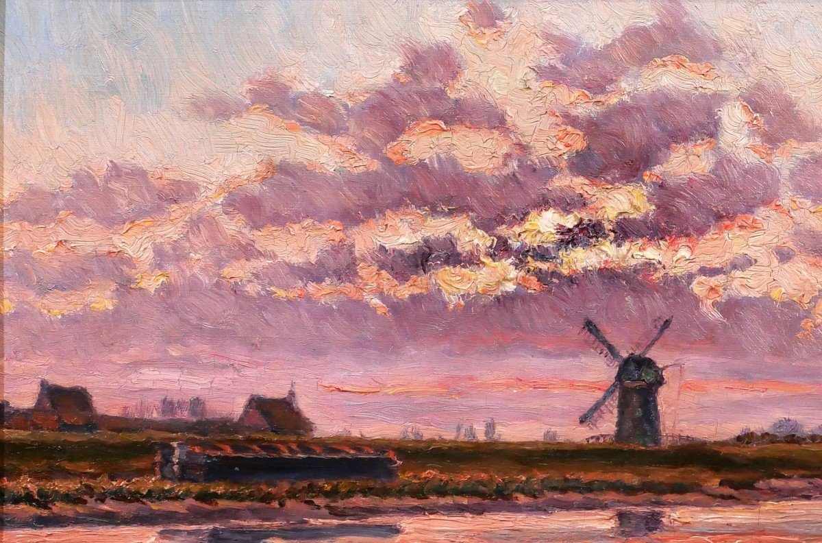 Edouard de Looz-Block 1864-1931 Paysage au coucher de soleil et au moulin, tableau, 1890-1900-photo-1