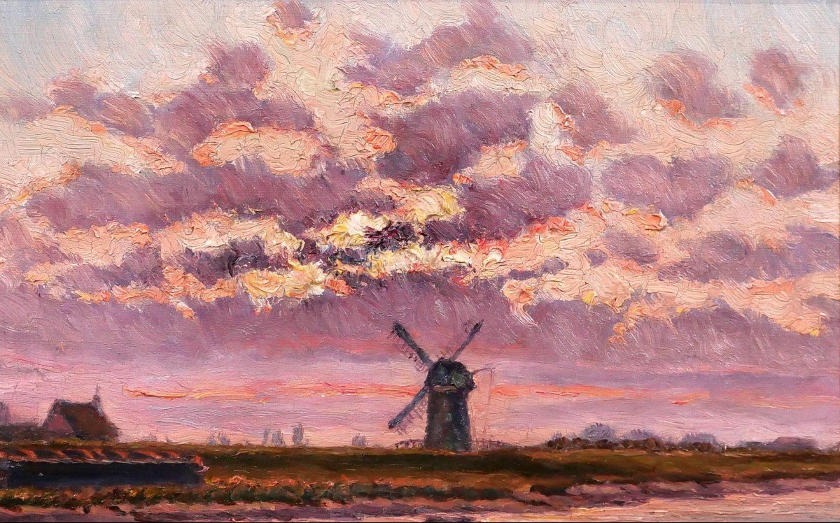 Edouard de Looz-Block 1864-1931 Paysage au coucher de soleil et au moulin, tableau, 1890-1900-photo-2