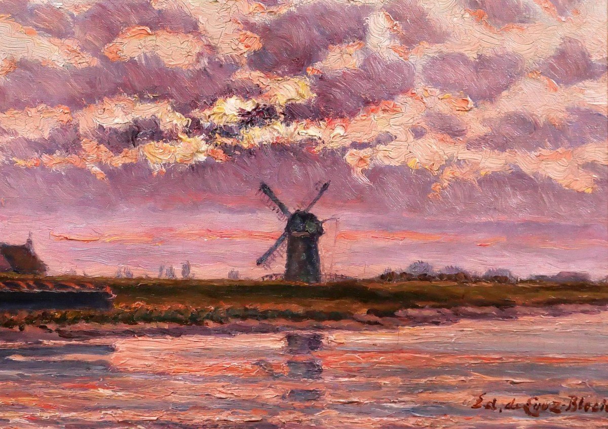 Edouard de Looz-Block 1864-1931 Paysage au coucher de soleil et au moulin, tableau, 1890-1900-photo-3