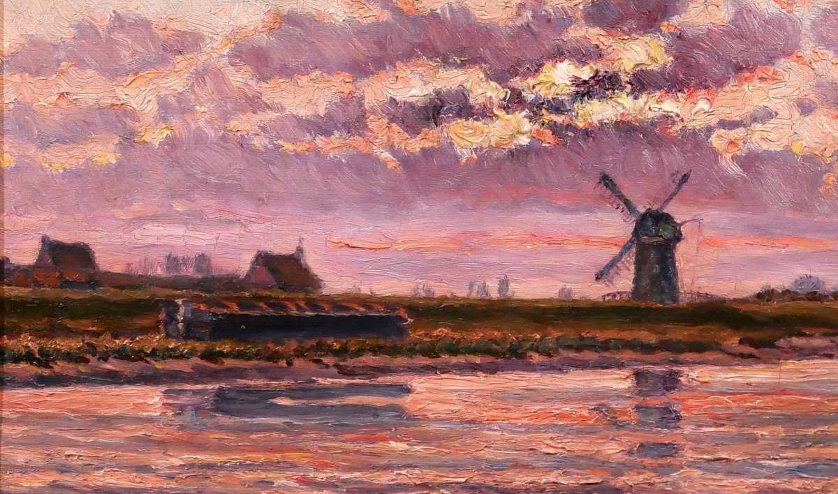 Edouard de Looz-Block 1864-1931 Paysage au coucher de soleil et au moulin, tableau, 1890-1900-photo-4