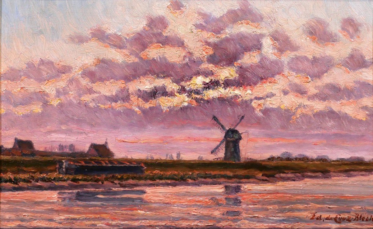 Edouard de Looz-Block 1864-1931 Paysage au coucher de soleil et au moulin, tableau, 1890-1900