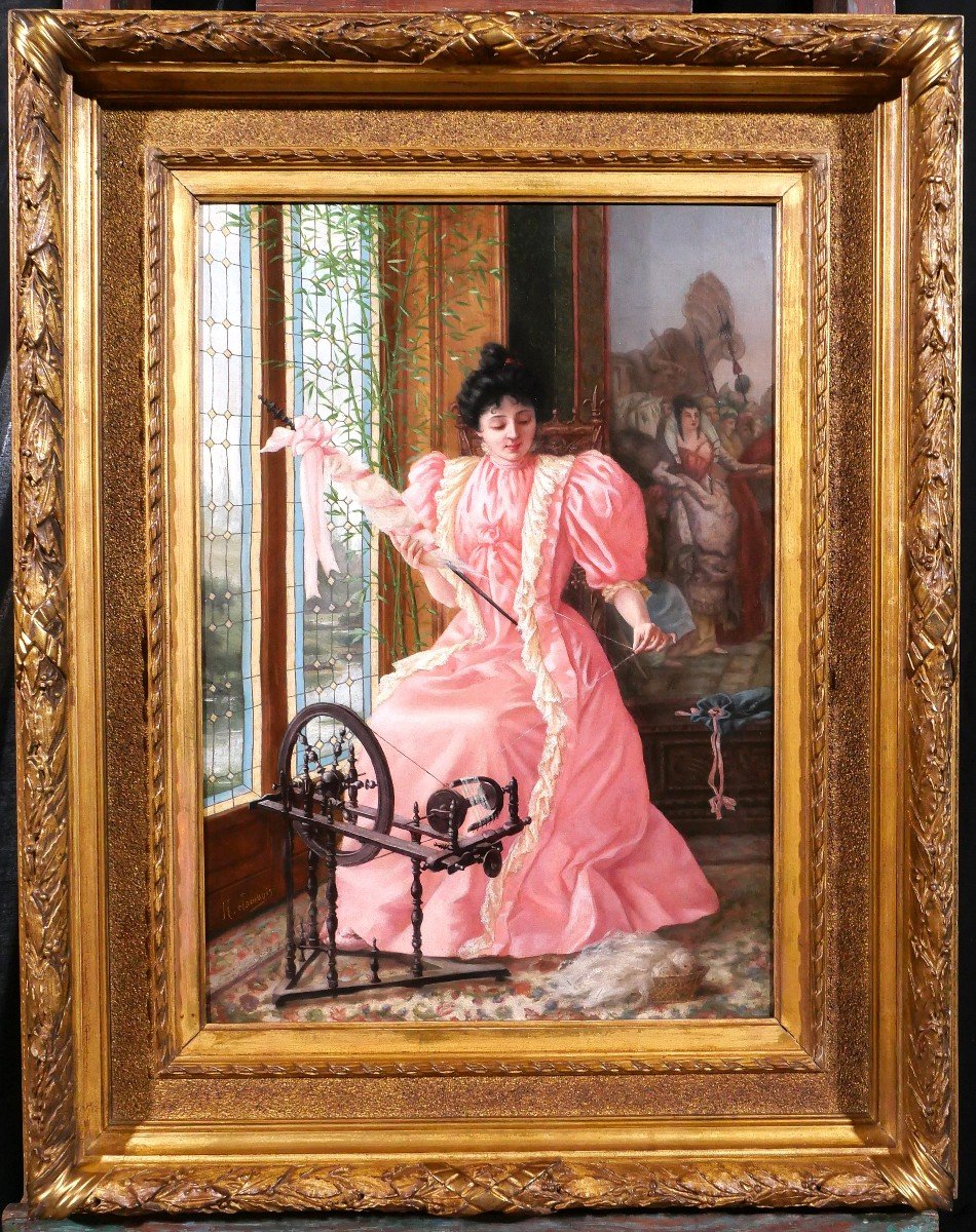 Henry Jambois 19-20e Femme à la robe rose au rouet, tableau, vers 1890-1900-photo-2