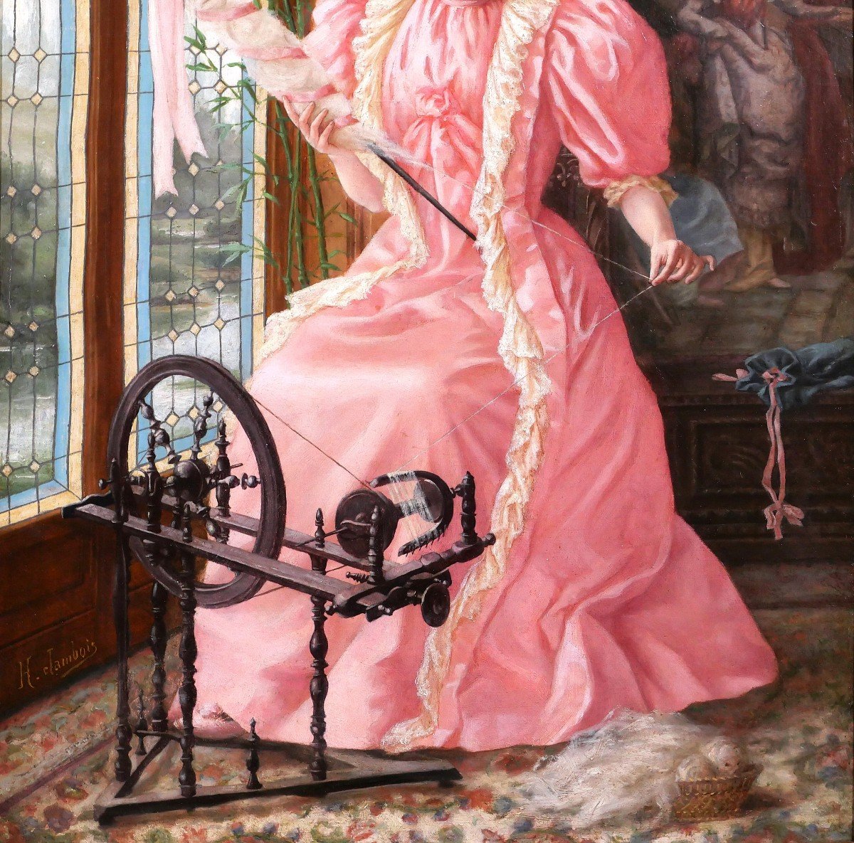 Henry Jambois 19-20e Femme à la robe rose au rouet, tableau, vers 1890-1900-photo-4