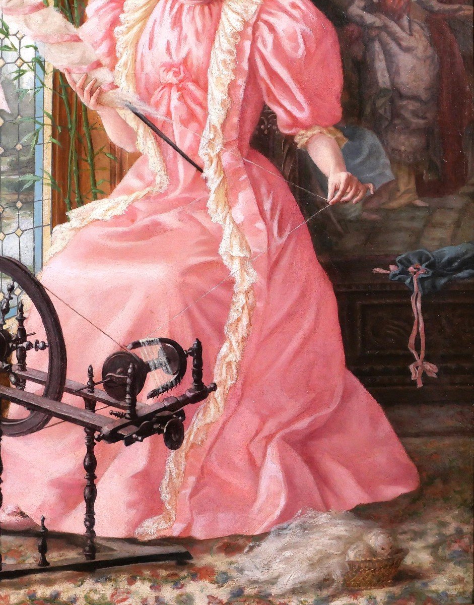 Henry Jambois 19-20e Femme à la robe rose au rouet, tableau, vers 1890-1900-photo-3