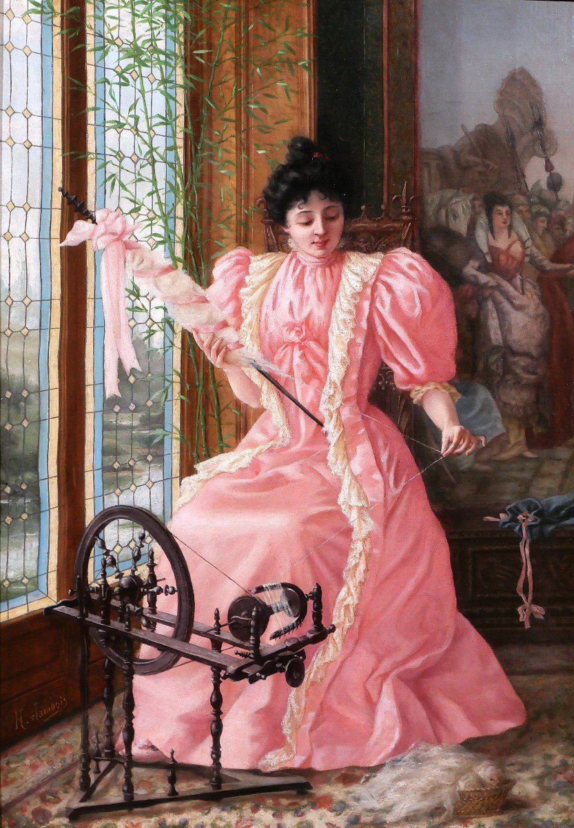 Henry Jambois 19-20e Femme à la robe rose au rouet, tableau, vers 1890-1900