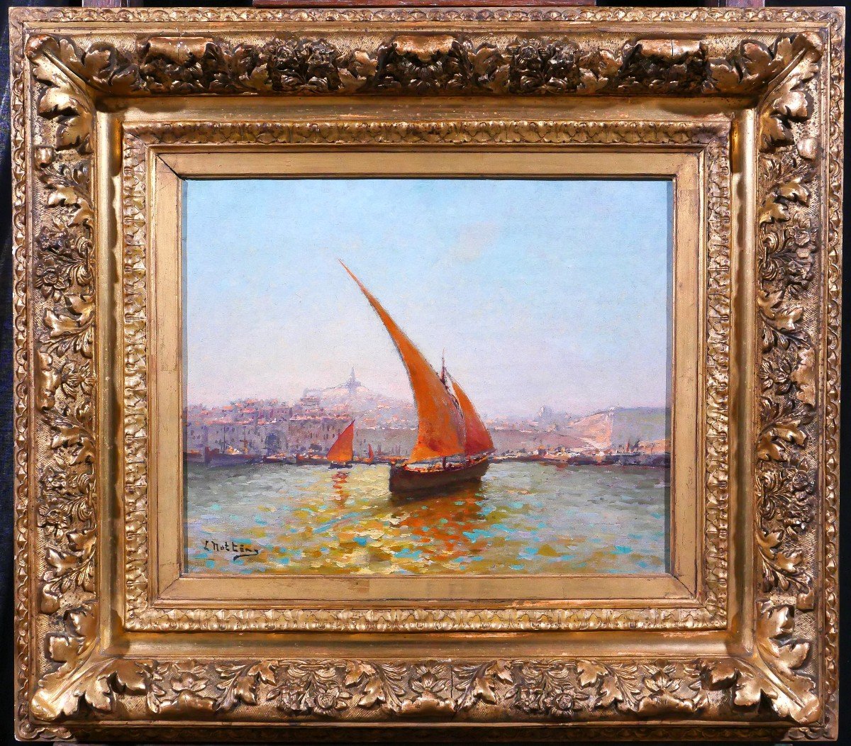 Louis NATTERO 1870-1915 Marseille, bateaux devant Notre-Dame, tableau, impressionnisme, c. 1905-photo-2