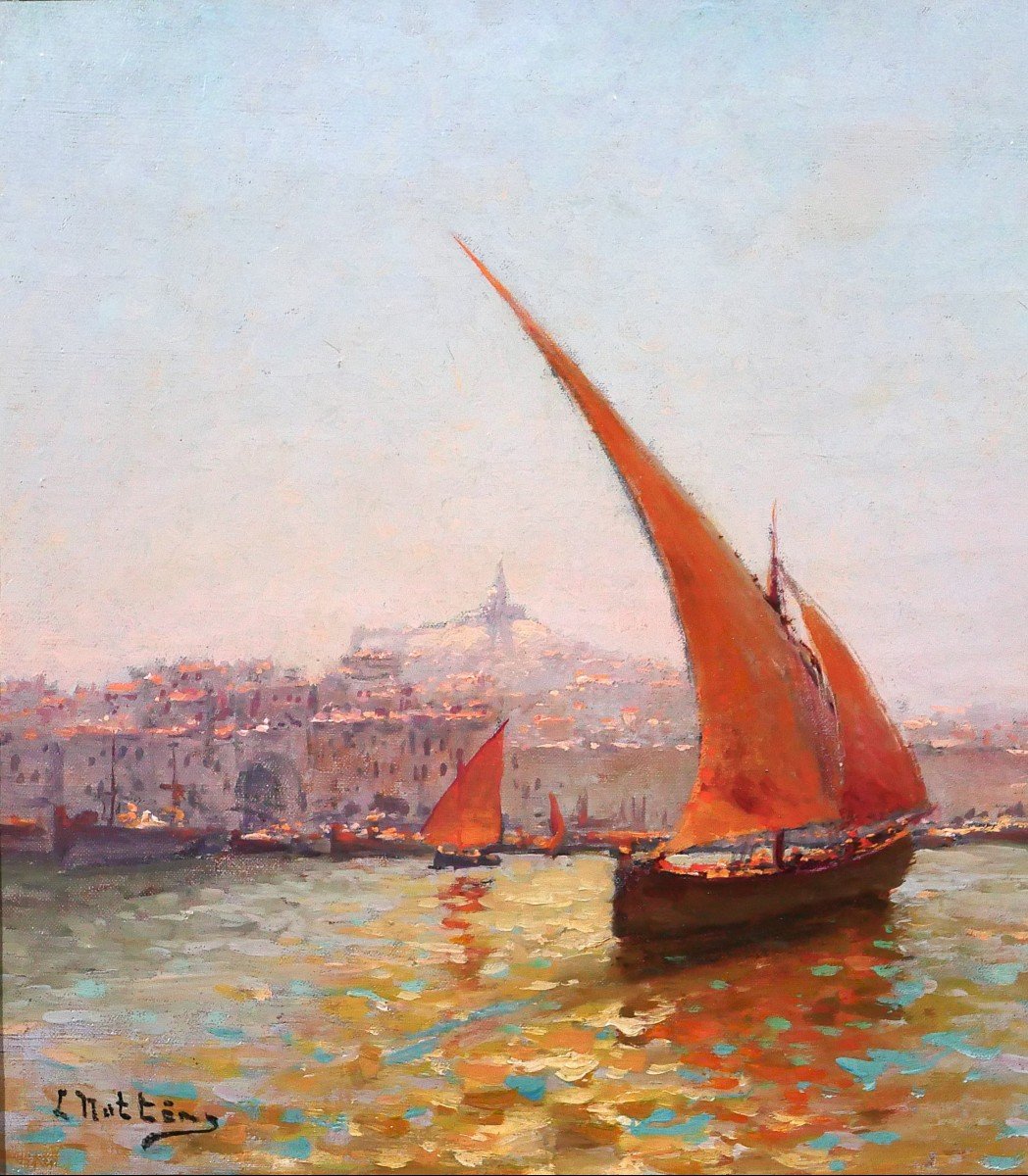 Louis NATTERO 1870-1915 Marseille, bateaux devant Notre-Dame, tableau, impressionnisme, c. 1905-photo-3