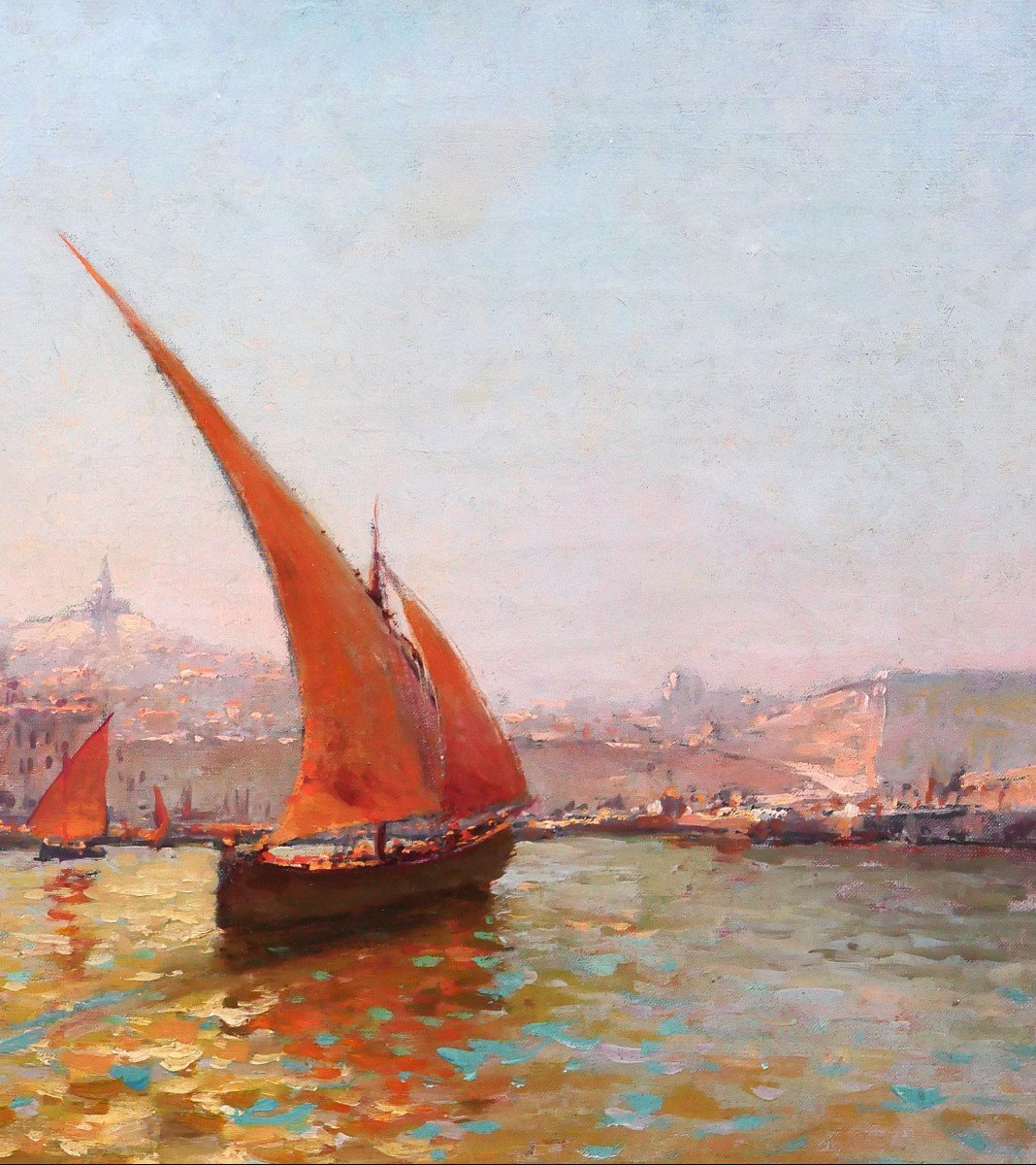 Louis NATTERO 1870-1915 Marseille, bateaux devant Notre-Dame, tableau, impressionnisme, c. 1905-photo-4