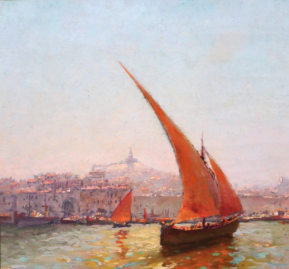 Louis NATTERO 1870-1915 Marseille, bateaux devant Notre-Dame, tableau, impressionnisme, c. 1905-photo-1