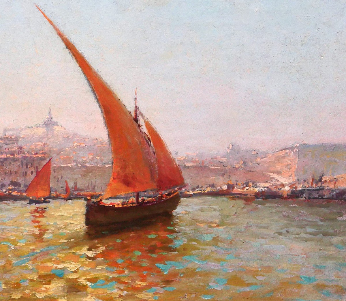 Louis NATTERO 1870-1915 Marseille, bateaux devant Notre-Dame, tableau, impressionnisme, c. 1905-photo-3