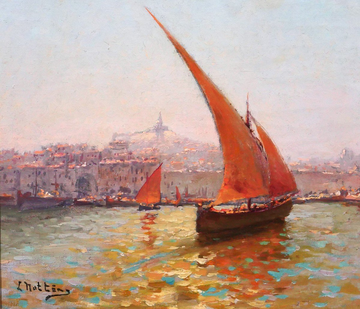 Louis NATTERO 1870-1915 Marseille, bateaux devant Notre-Dame, tableau, impressionnisme, c. 1905-photo-4