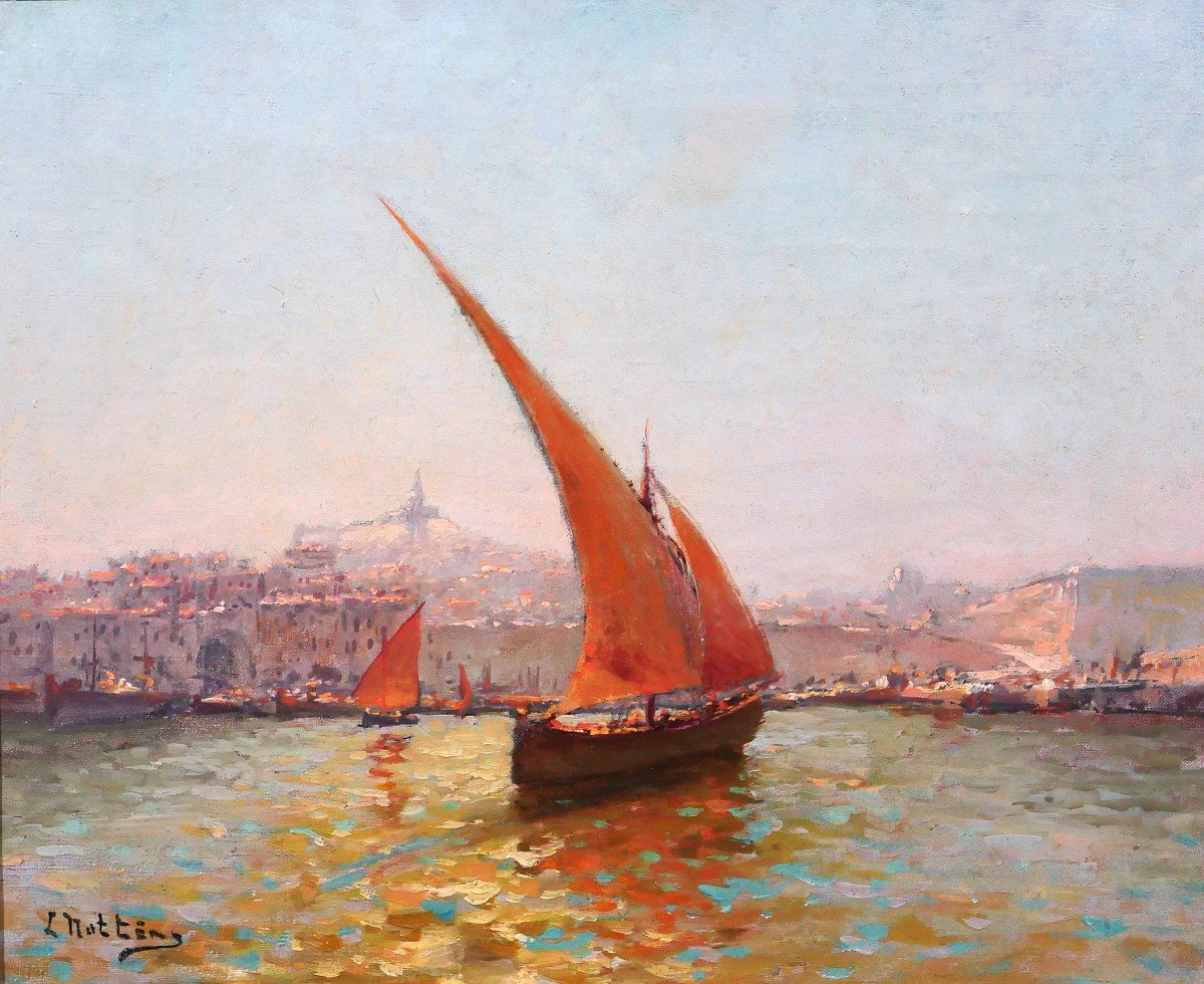 Louis NATTERO 1870-1915 Marseille, bateaux devant Notre-Dame, tableau, impressionnisme, c. 1905