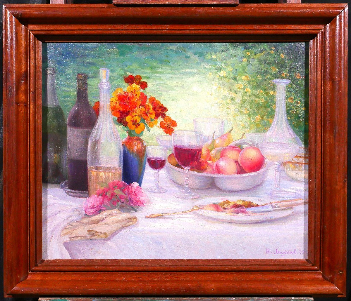 Henri Angeniol 1870-1959 The Table In The Garden, Still Life, Painting, 1923, Flowers, Wine-photo-2