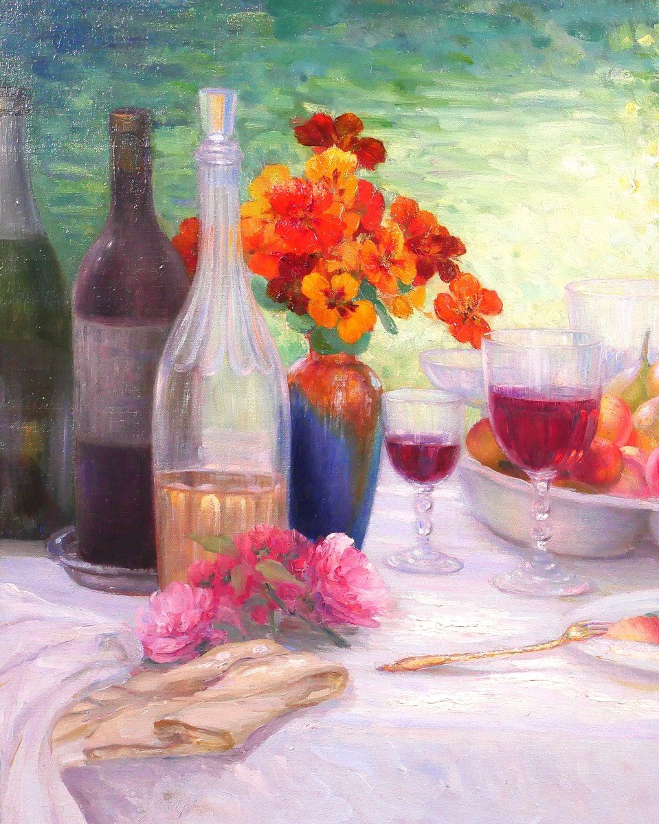 Henri Angeniol 1870-1959 The Table In The Garden, Still Life, Painting, 1923, Flowers, Wine-photo-3