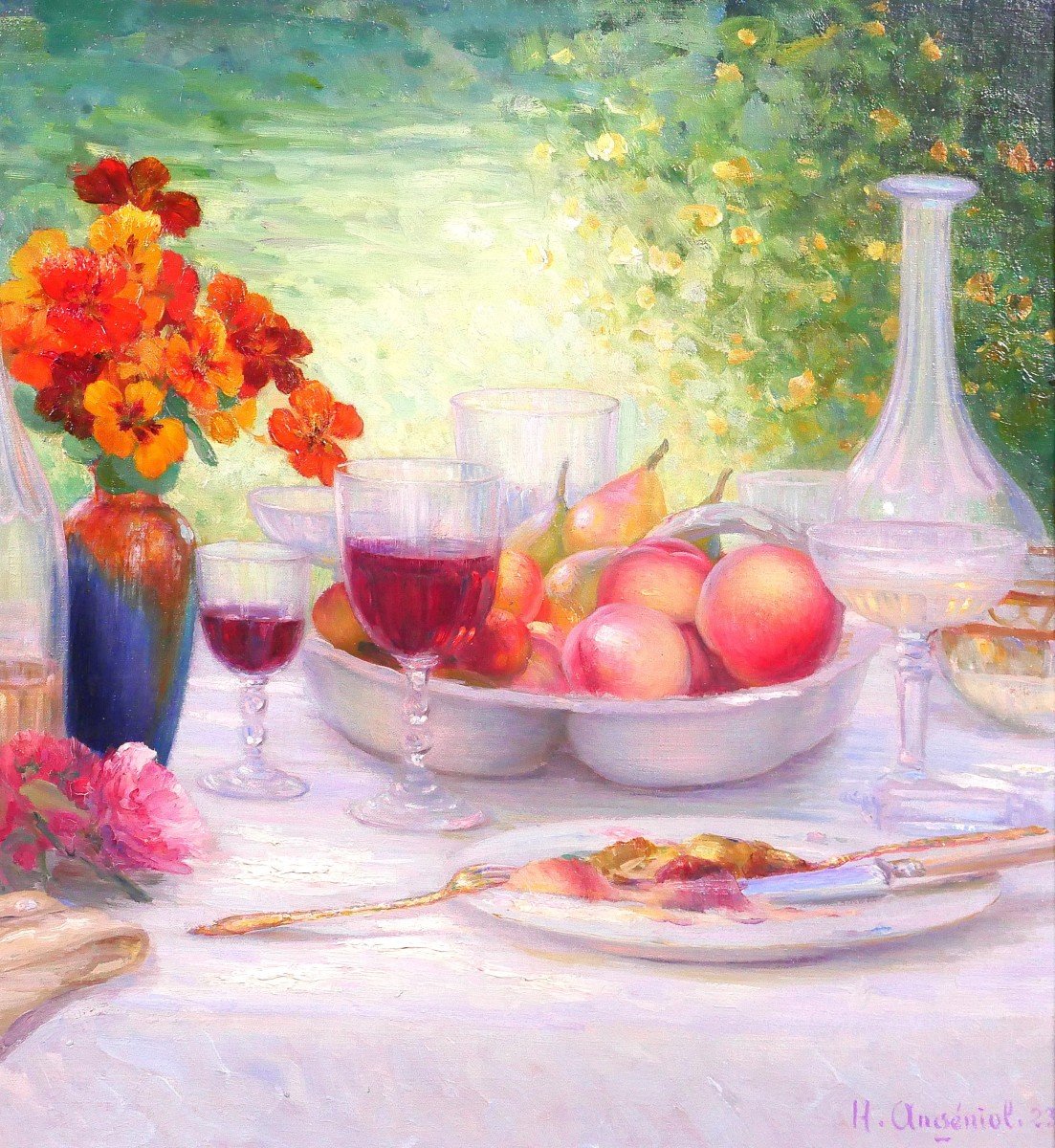 Henri Angeniol 1870-1959 The Table In The Garden, Still Life, Painting, 1923, Flowers, Wine-photo-4