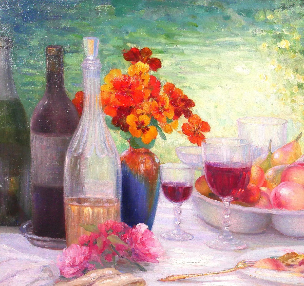 Henri Angeniol 1870-1959 The Table In The Garden, Still Life, Painting, 1923, Flowers, Wine-photo-1