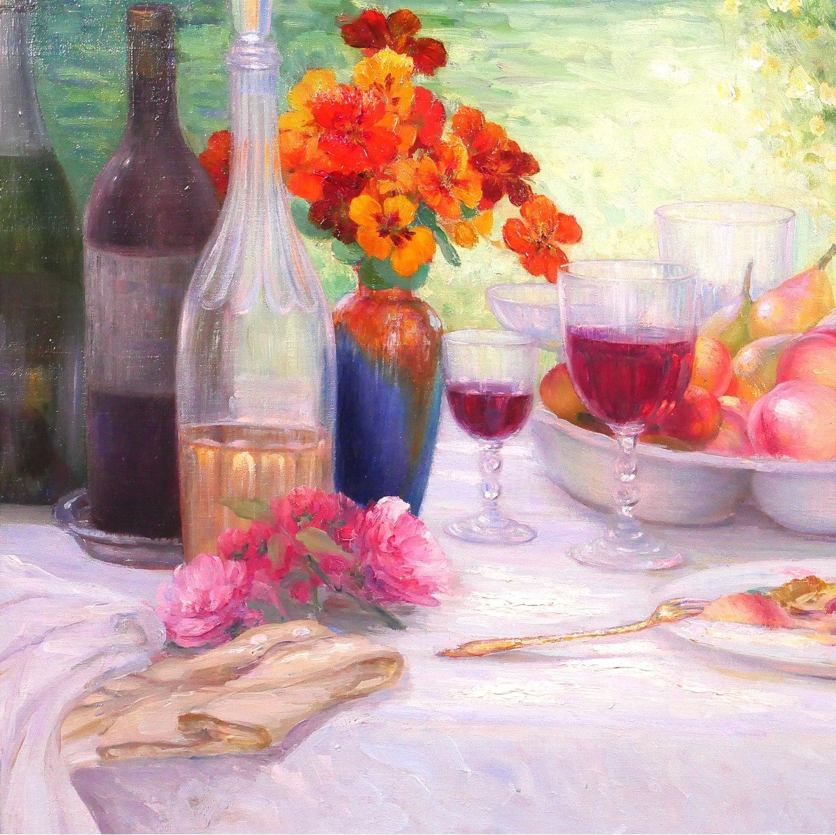 Henri Angeniol 1870-1959 The Table In The Garden, Still Life, Painting, 1923, Flowers, Wine-photo-4