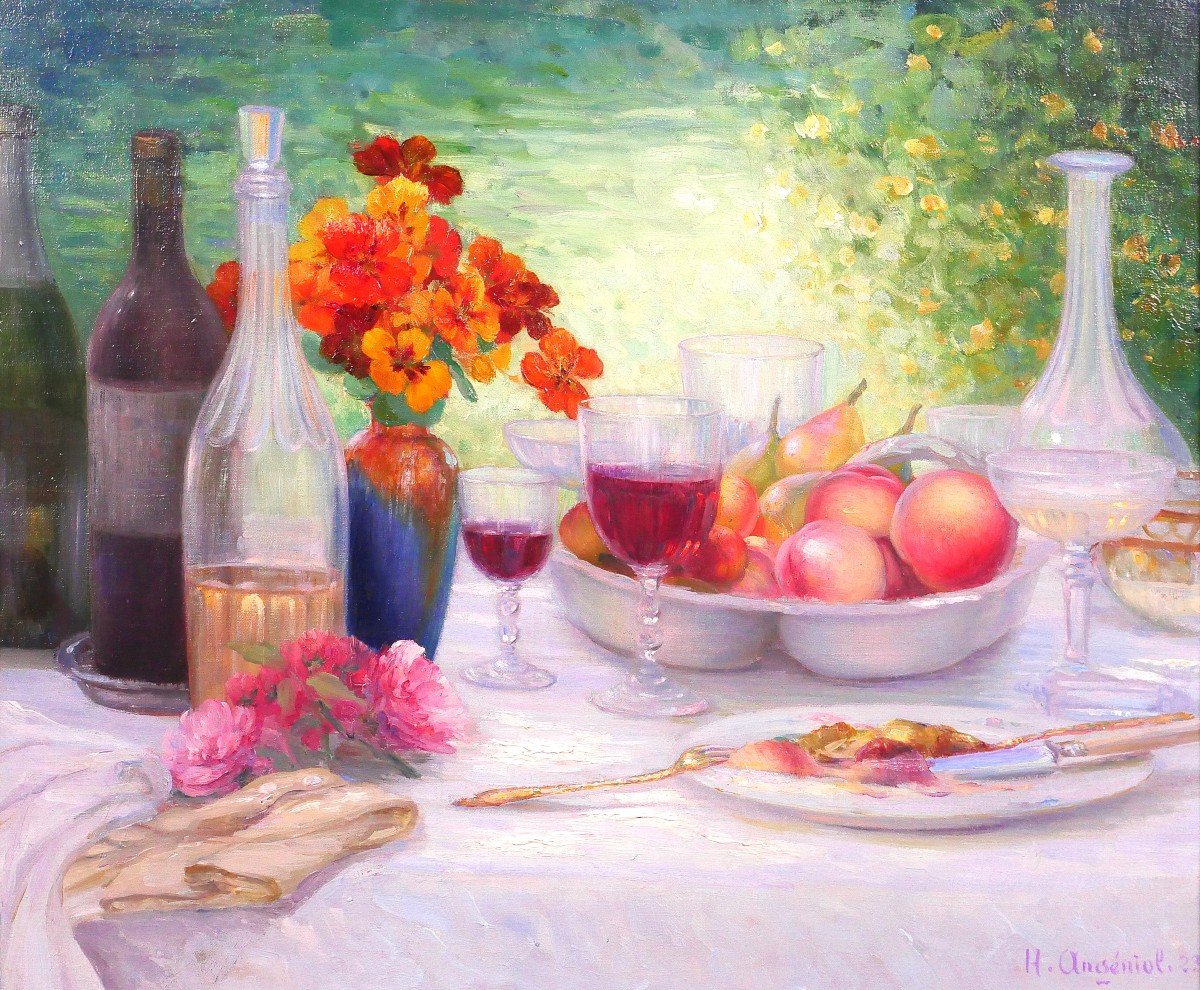 Henri Angeniol 1870-1959 The Table In The Garden, Still Life, Painting, 1923, Flowers, Wine