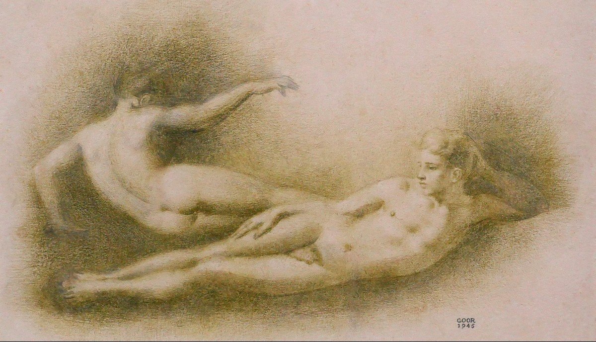 Gaston GOOR 1902-1977 Deux jeunes hommes nus, dessin, crayon sur papier, 1945-photo-1