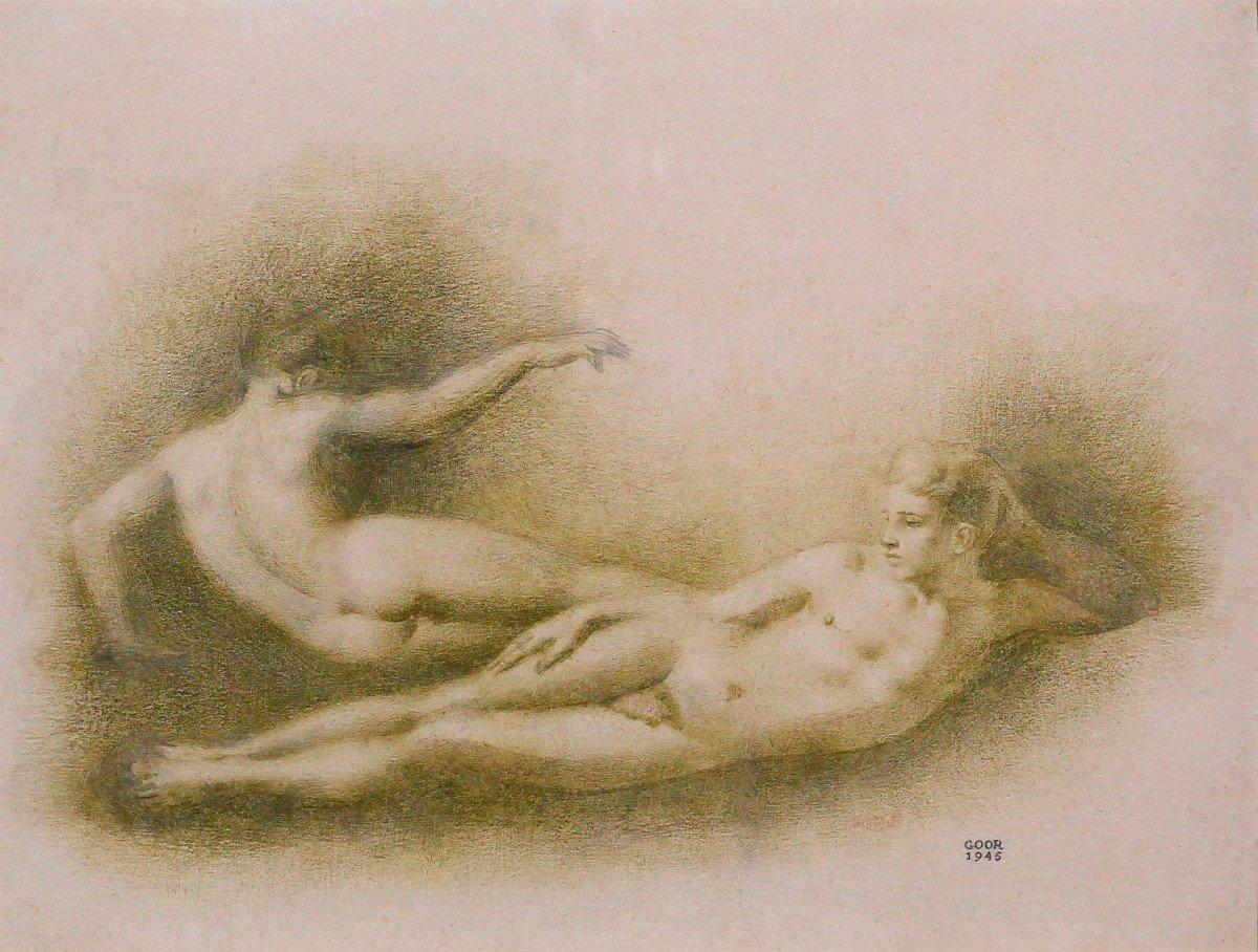 Gaston GOOR 1902-1977 Deux jeunes hommes nus, dessin, crayon sur papier, 1945