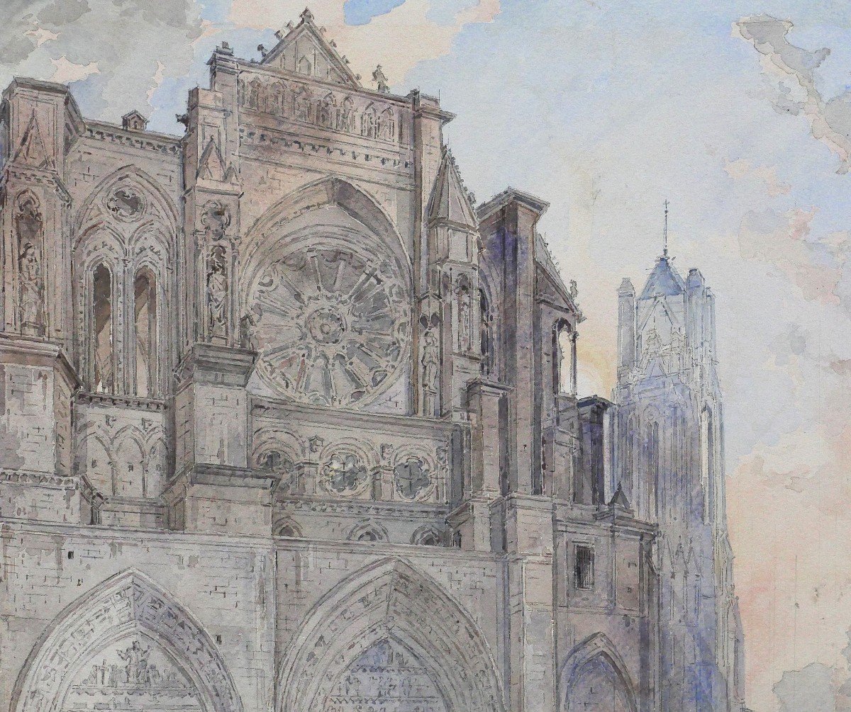 Louis-Désiré Thiénon 1812-1889 Reims, la cathédrale, paysage, dessin, 1875-photo-3