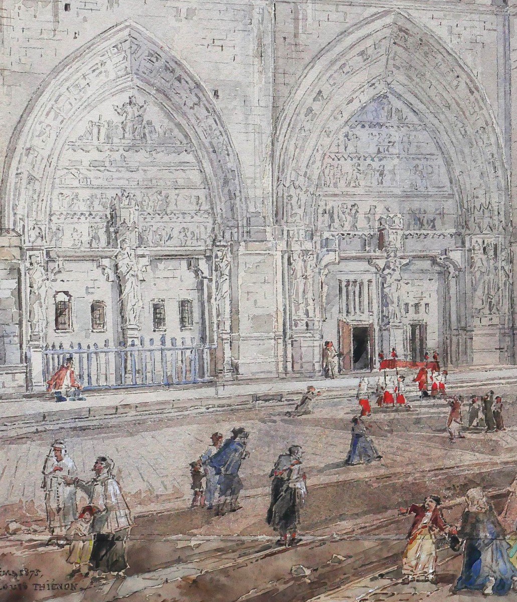 Louis-Désiré Thiénon 1812-1889 Reims, la cathédrale, paysage, dessin, 1875-photo-4