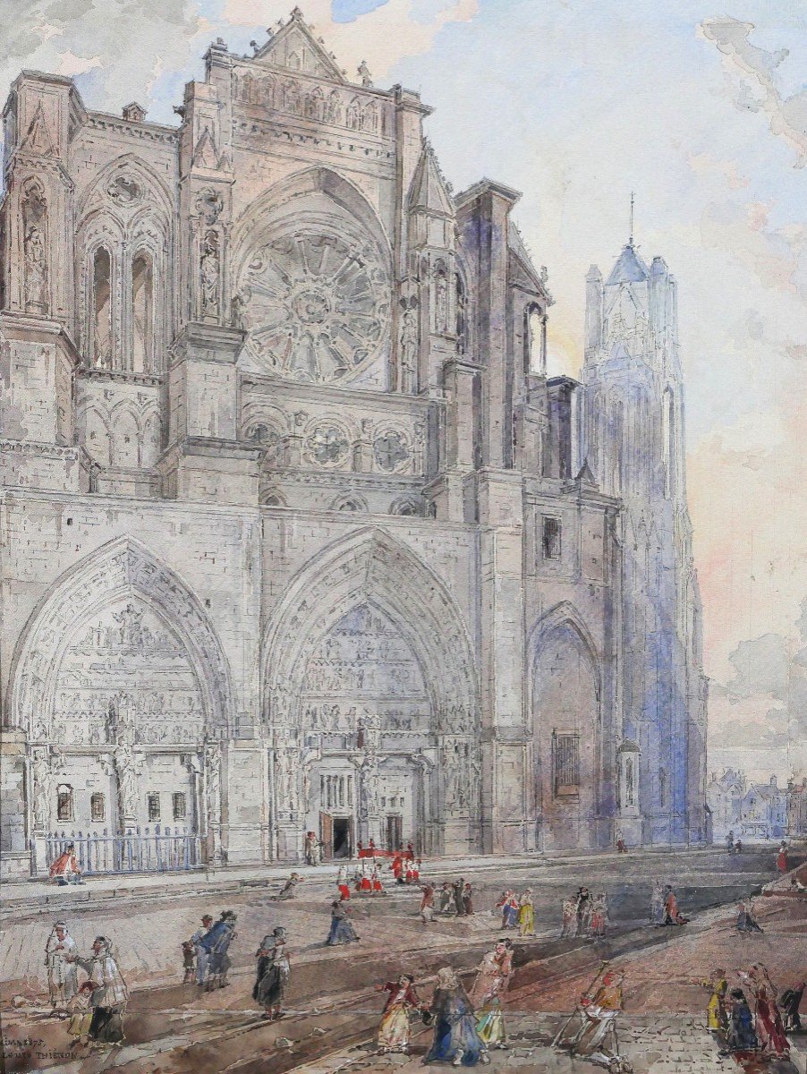 Louis-Désiré Thiénon 1812-1889 Reims, la cathédrale, paysage, dessin, 1875