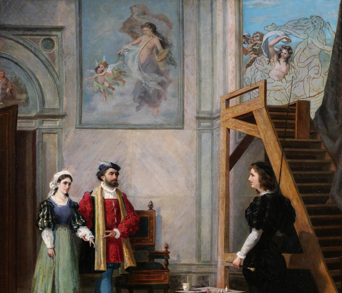 Pio Ludovico BARLAFFA, Le peintre Raphael et la Fornarina dans son atelier, tableau, 1872-photo-3